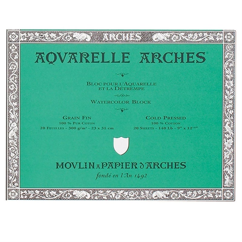 Arches 18 x 26 cm 300 GSM Cold Pressed Glued on 4 Sides Block Watercolour Paper - Natural White (Pack of 20 Sheets) - Image 1